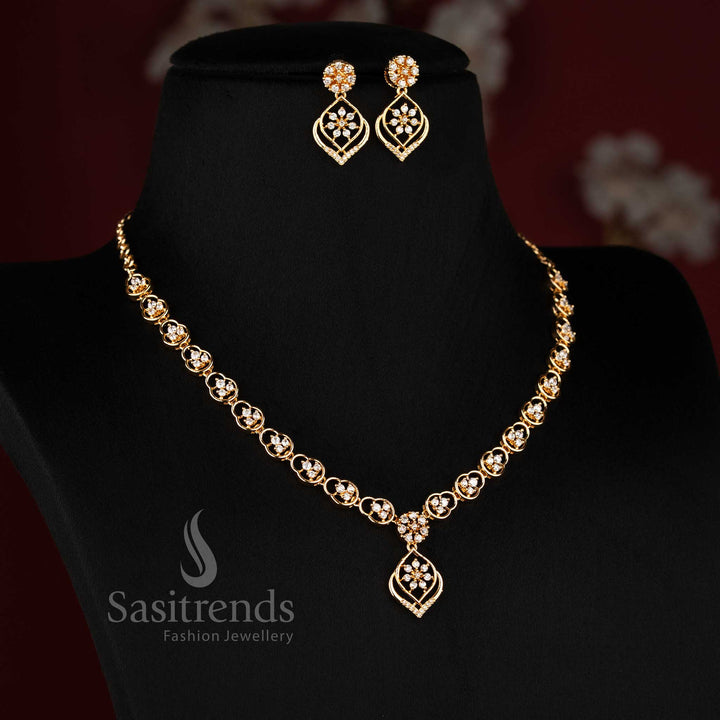 Charming Micro Gold Plated American Diamond Floral Link Necklace Jewellery Set with Geometric Drop Design | Perfect for Evening Events & Receptions