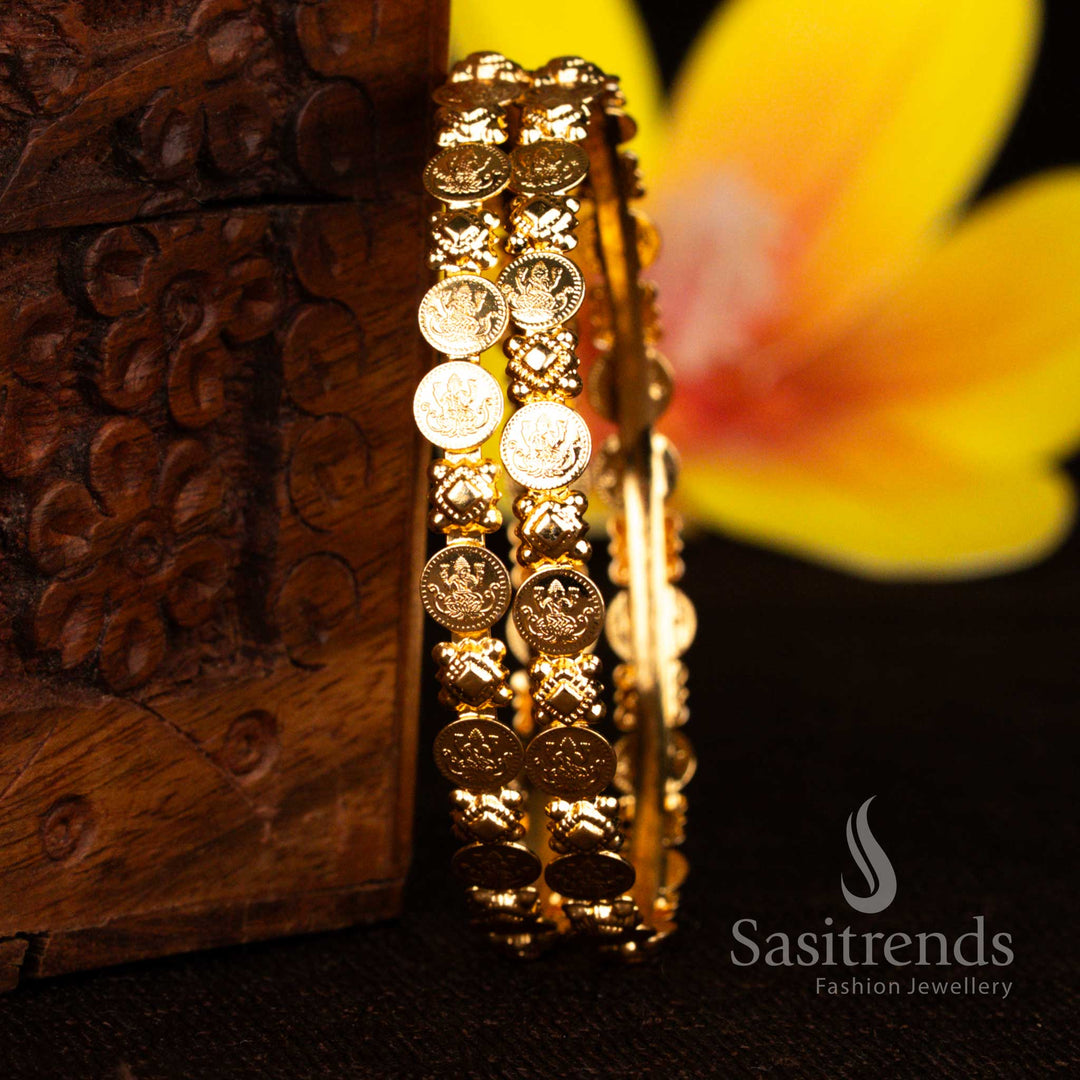 24K one gram micro gold plated Lakshmi coin temple design traditional bridal bangle with embossed goddess motifs by Sasitrends