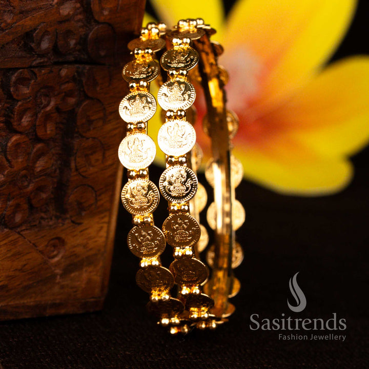 Divine 24K Micro Gold Plated Lakshmi Coin Temple Design Traditional Bangle with Embossed Goddess Motifs for Bridal, Festive and Cultural Wear