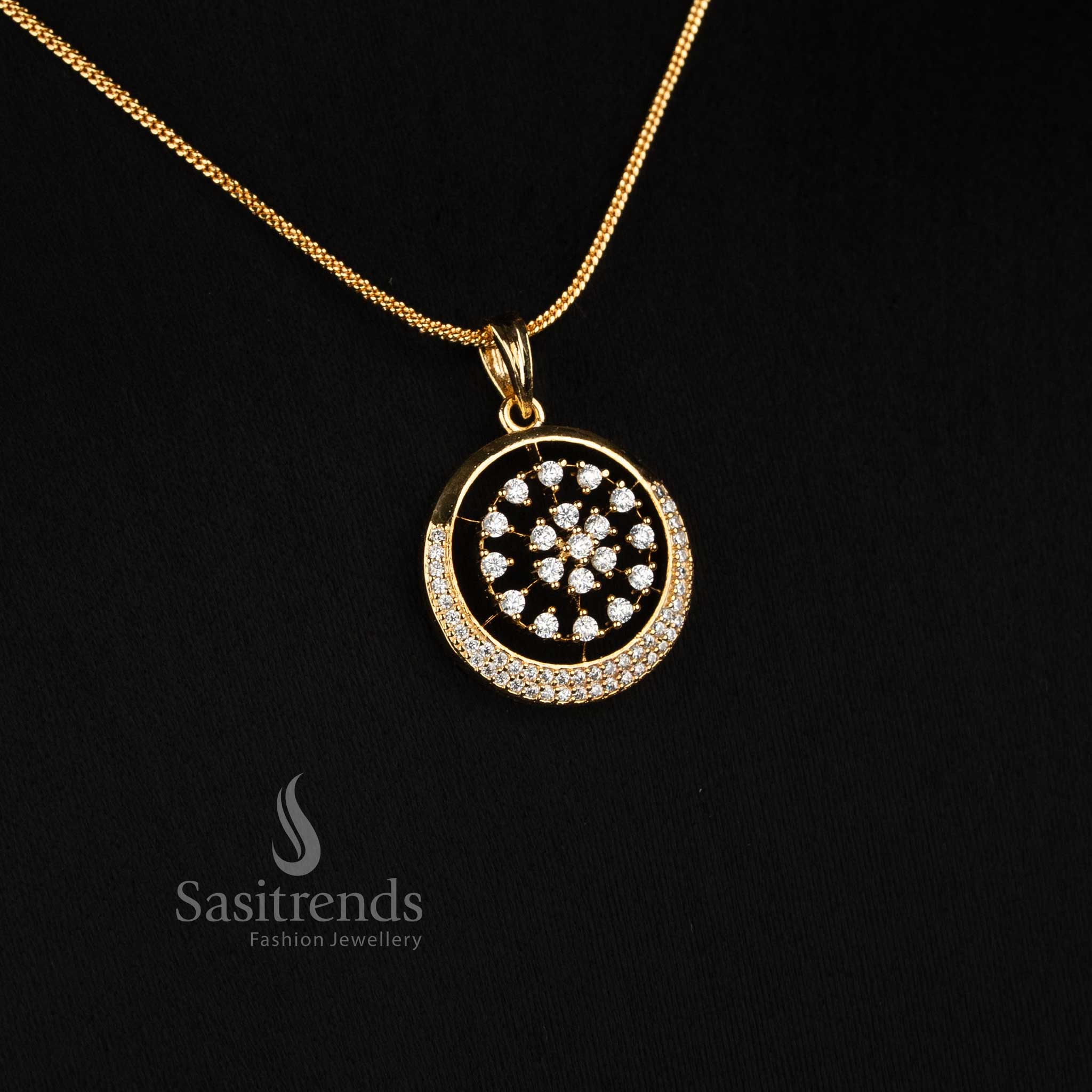 Sasitrends 2606J Micro Gold Plated round pendant jewellery set featuring clustered American Diamond stones and coordinated circular stud earrings 