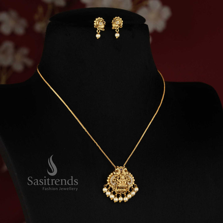Sasitrends Micro Gold Chain with Intricate Traditional Matte Gold Pendant and Pearl Drop Detail for Festive Wear 