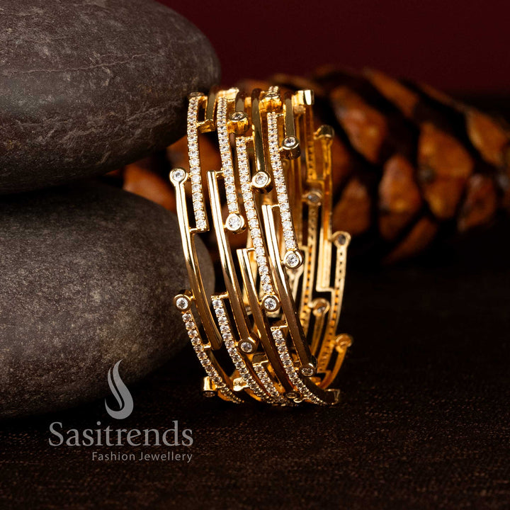 Sasitrends designer bangle set crafted with geometric open framework and circular AD stone accent detailing