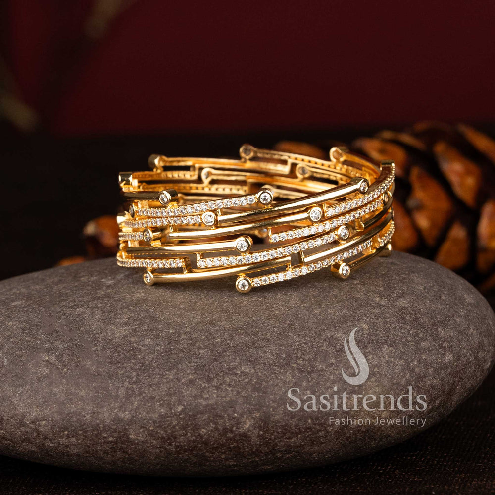 Sasitrends 24K one gram micro gold plated layered bangle set featuring parallel curved bar structure with sparkling AD stone rows