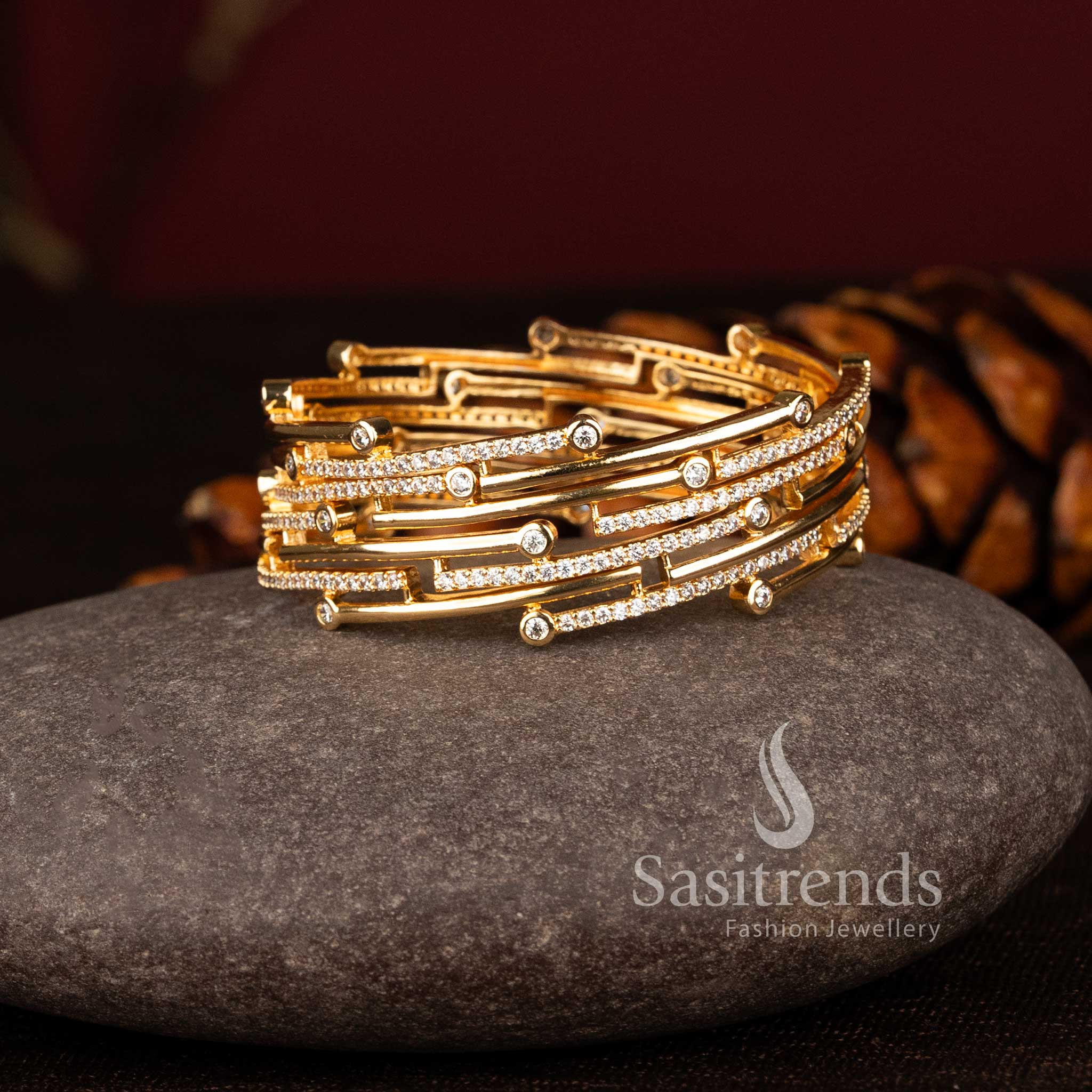 Sasitrends 24K one gram micro gold plated layered bangle set featuring parallel curved bar structure with sparkling AD stone rows