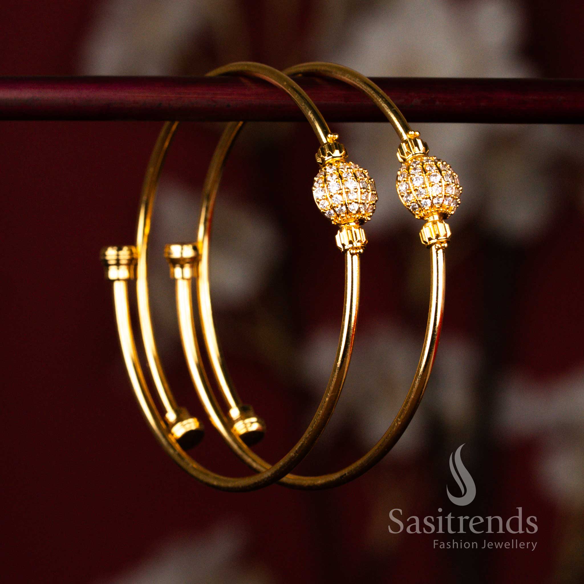 24K micro gold plated bangles with sparkling white American diamond stone ball centre for bridal and festive occasions