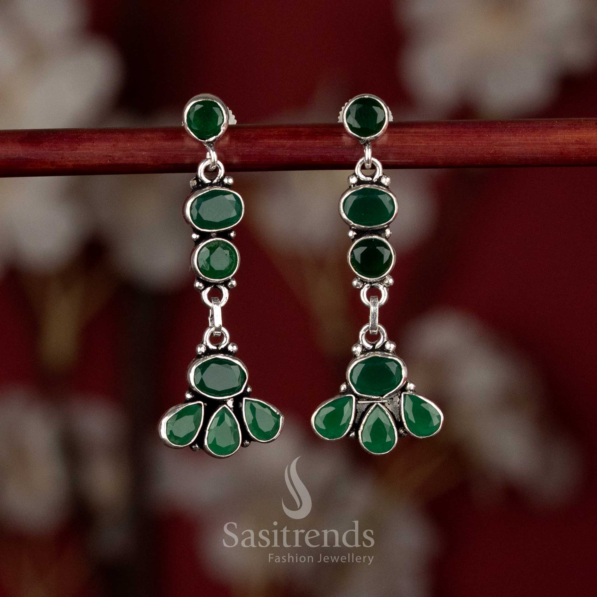 Sasitrends oxidised silver plated layered drop green earrings with refined vertical structure and floral base