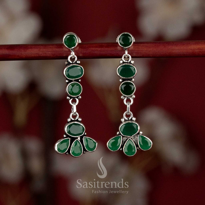 Sasitrends oxidised silver plated layered drop green earrings with refined vertical structure and floral base