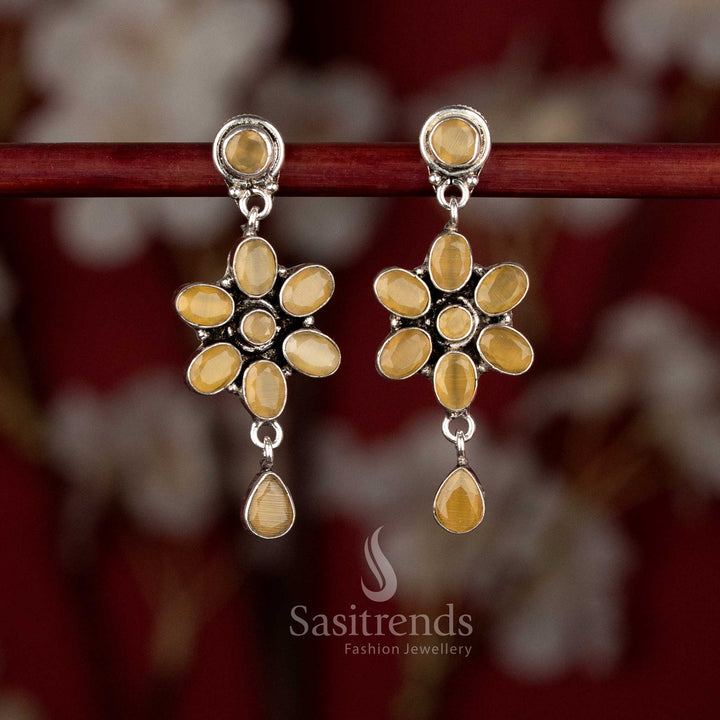 Beautifully Crafted Oxidised Silver Plated Floral Drop Earrings with Petal Arrangement and Soft Movement