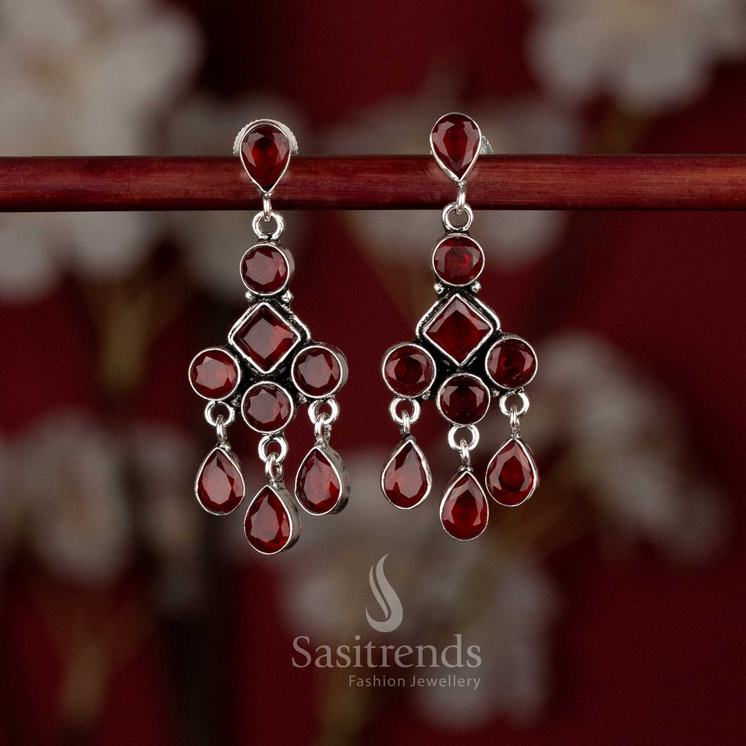 Sasitrends oxidised silver plated red stone layered drop earrings with geometric framing and cascading design