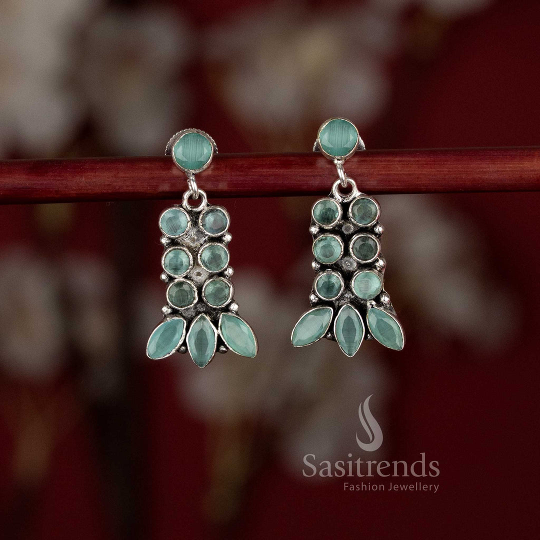 Sasitrends oxidised silver plated layered drop mint stone earrings with multi-setting arrangement and leaf-inspired finish