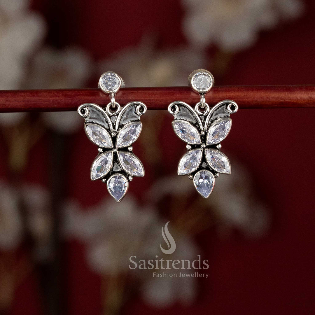 Sasitrends butterfly inspired oxidised silver plated drop earrings with elegant white stone detailing