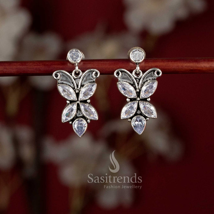 Sasitrends butterfly inspired oxidised silver plated drop earrings with elegant white stone detailing