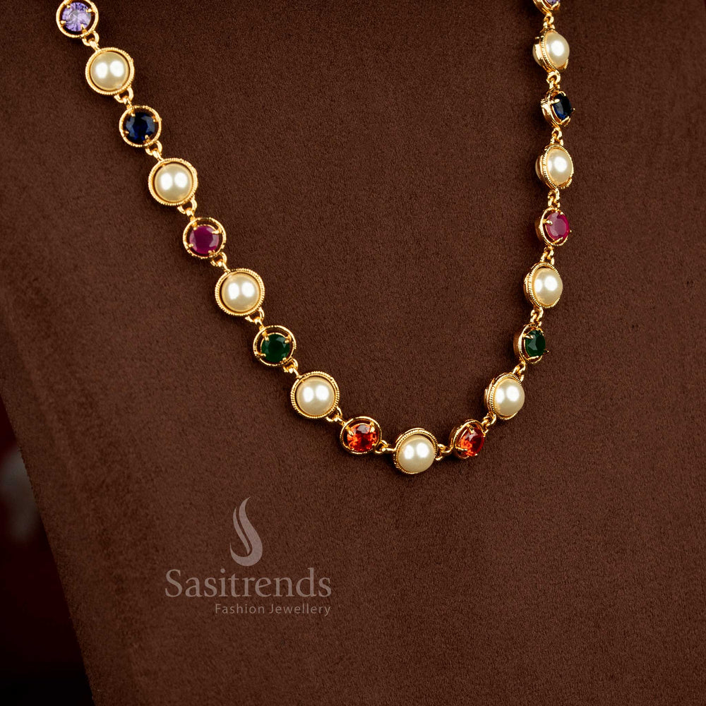 Impon Pachaloha structured link micro gold plated necklace by Sasitrends featuring American Diamond detailing and traditional design for festive and temple wear