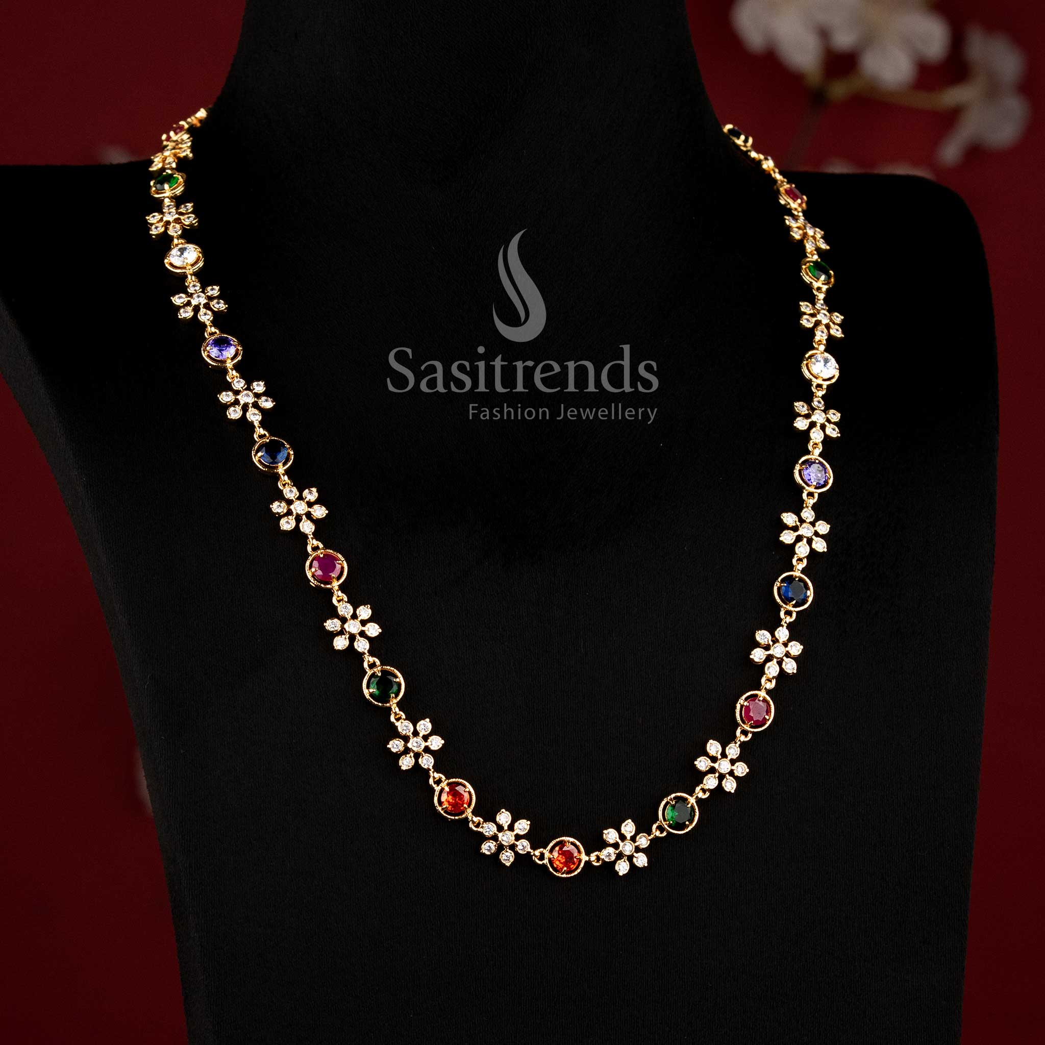 Impon Pachaloha structured link one gram micro gold plated necklace by Sasitrends featuring American Diamond detailing and traditional design for festive and temple wear