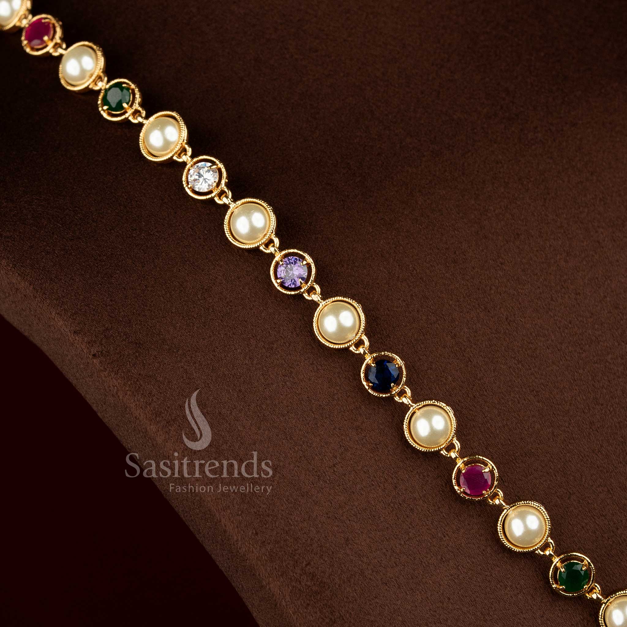 Impon Pachaloha structured link one gram micro gold plated necklace by Sasitrends featuring American Diamond detailing and traditional design for festive and temple wear