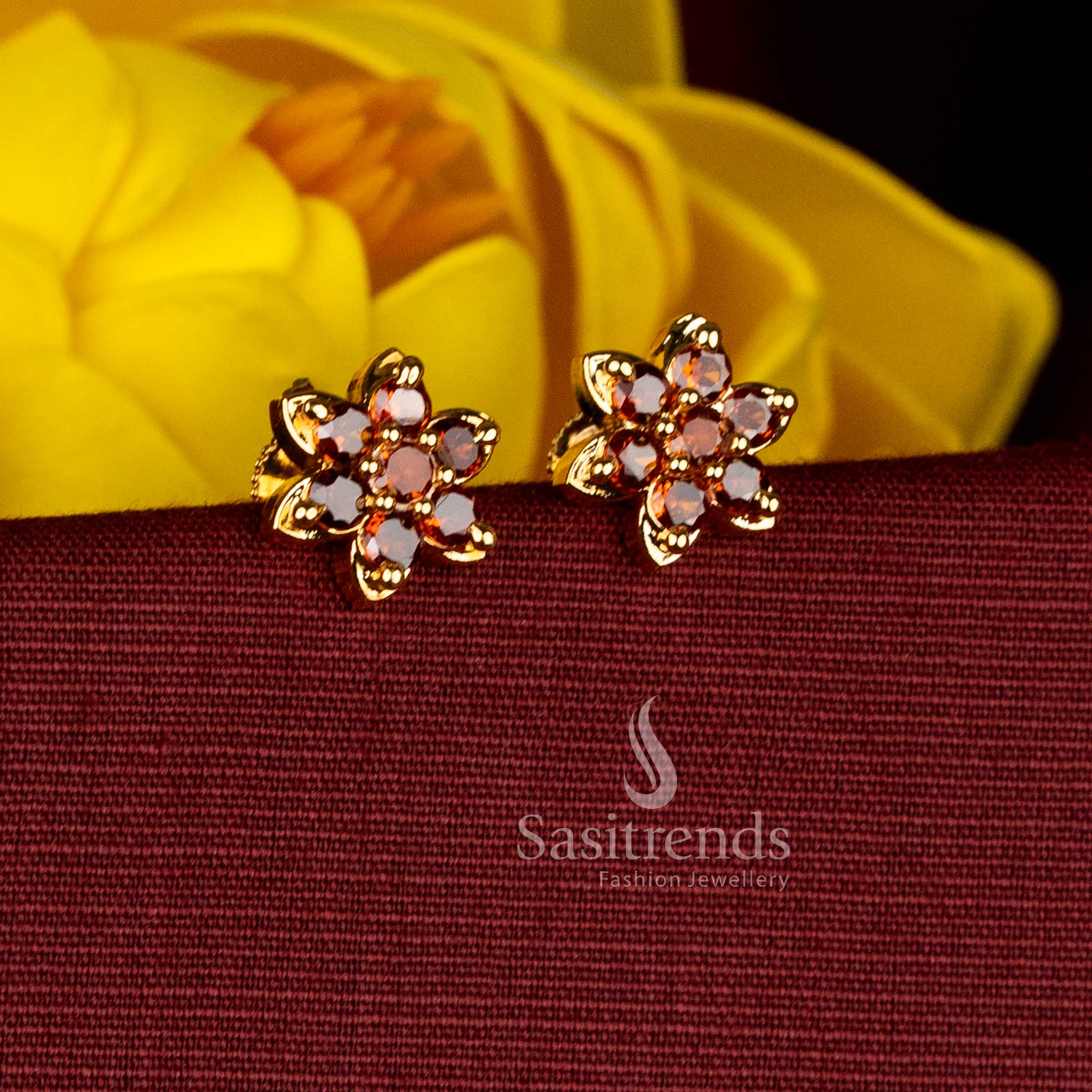 Stunning 24K Micro Gold Plated Maroon AD Stone Floral Motif Stud Earrings with Layered Petal Structure and Real Gold Look - Sasitrends