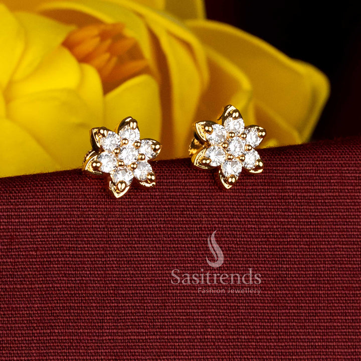 Sasitrends white AD stone floral motif stud earrings with layered petal structure and micro gold plated real gold look