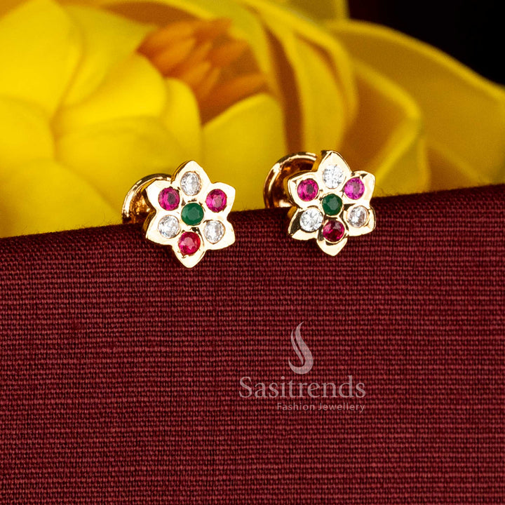Charming Star Flower Design Impon Addigai Micro Gold Plated AD Stone Screw Back Stud Earrings for Women | Ethnic & Temple Wear