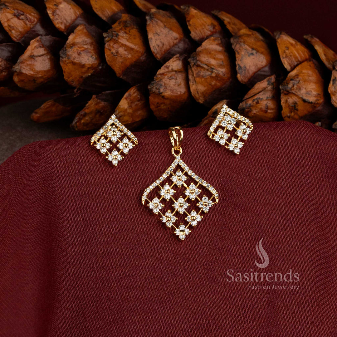 Sasitrends Micro Gold Plated American Diamond pendant set featuring geometric floral motifs for elegant traditional occasion styling 