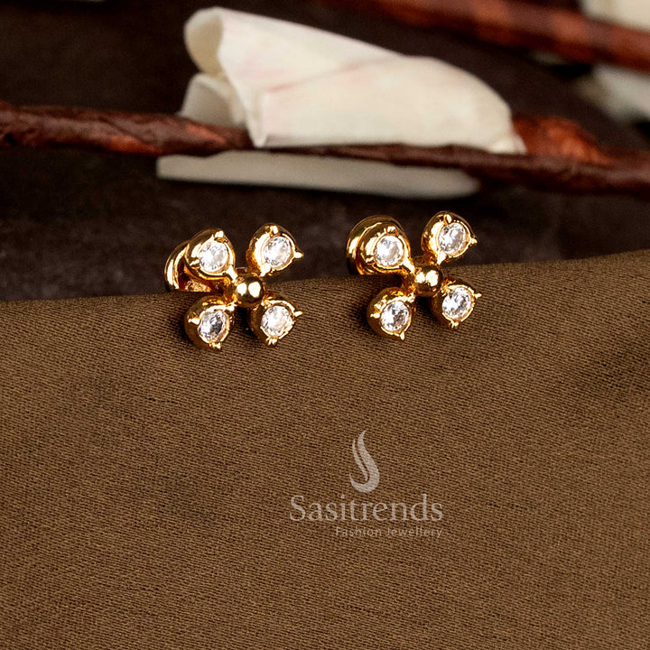Impon micro gold plated four-petal floral cluster stud earrings by Sasitrends with white American Diamond detailing and screw-back closure for traditional wear