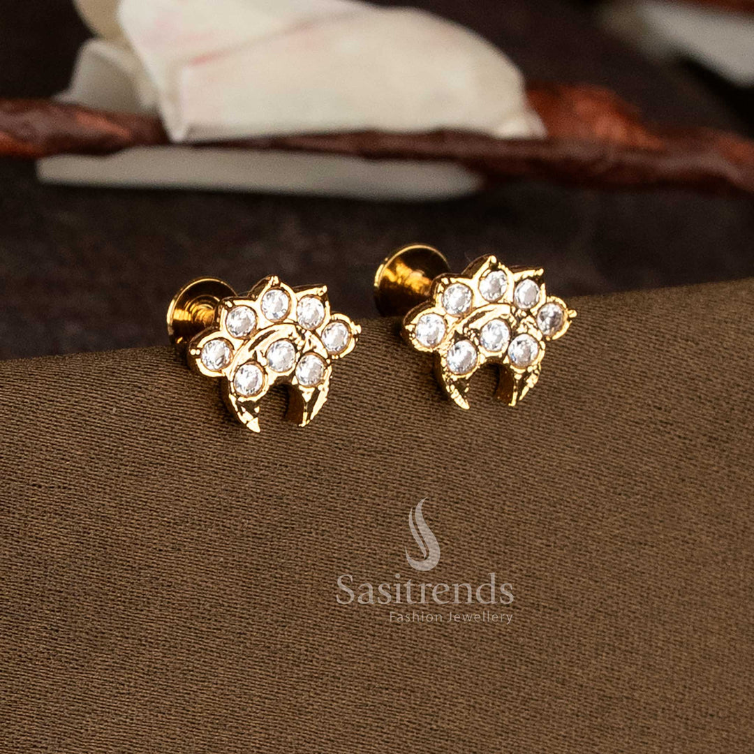 Traditional Impon micro gold plated crescent floral stud earrings by Sasitrends featuring white American Diamond work and screw back fastening
