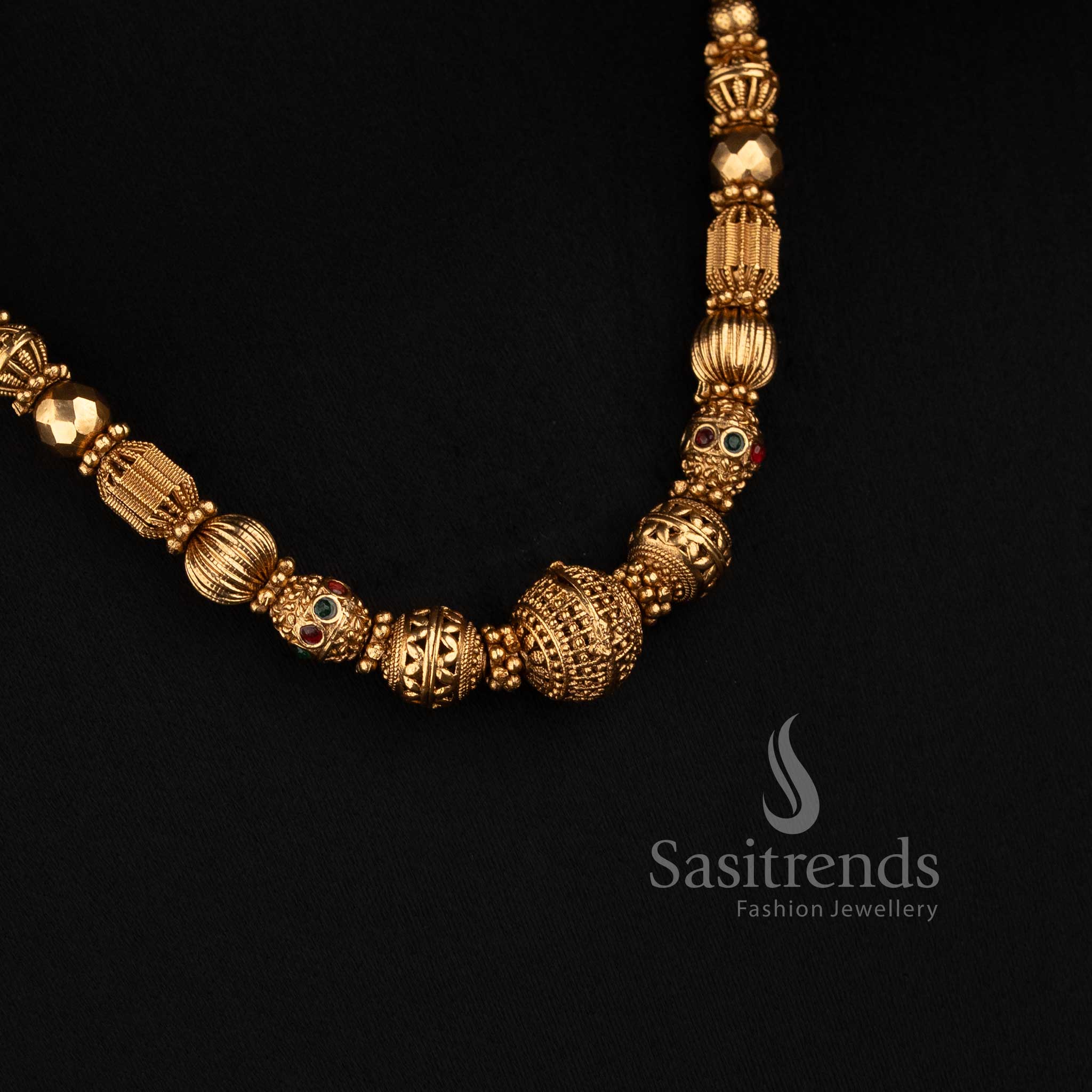 Sasitrends classic temple matte gold plated ball chain necklace with detailed ornamental beads and prominent rounded centre design for traditional styling