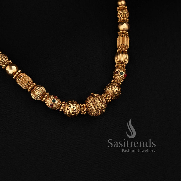 Sasitrends classic temple matte gold plated ball chain necklace with detailed ornamental beads and prominent rounded centre design for traditional styling
