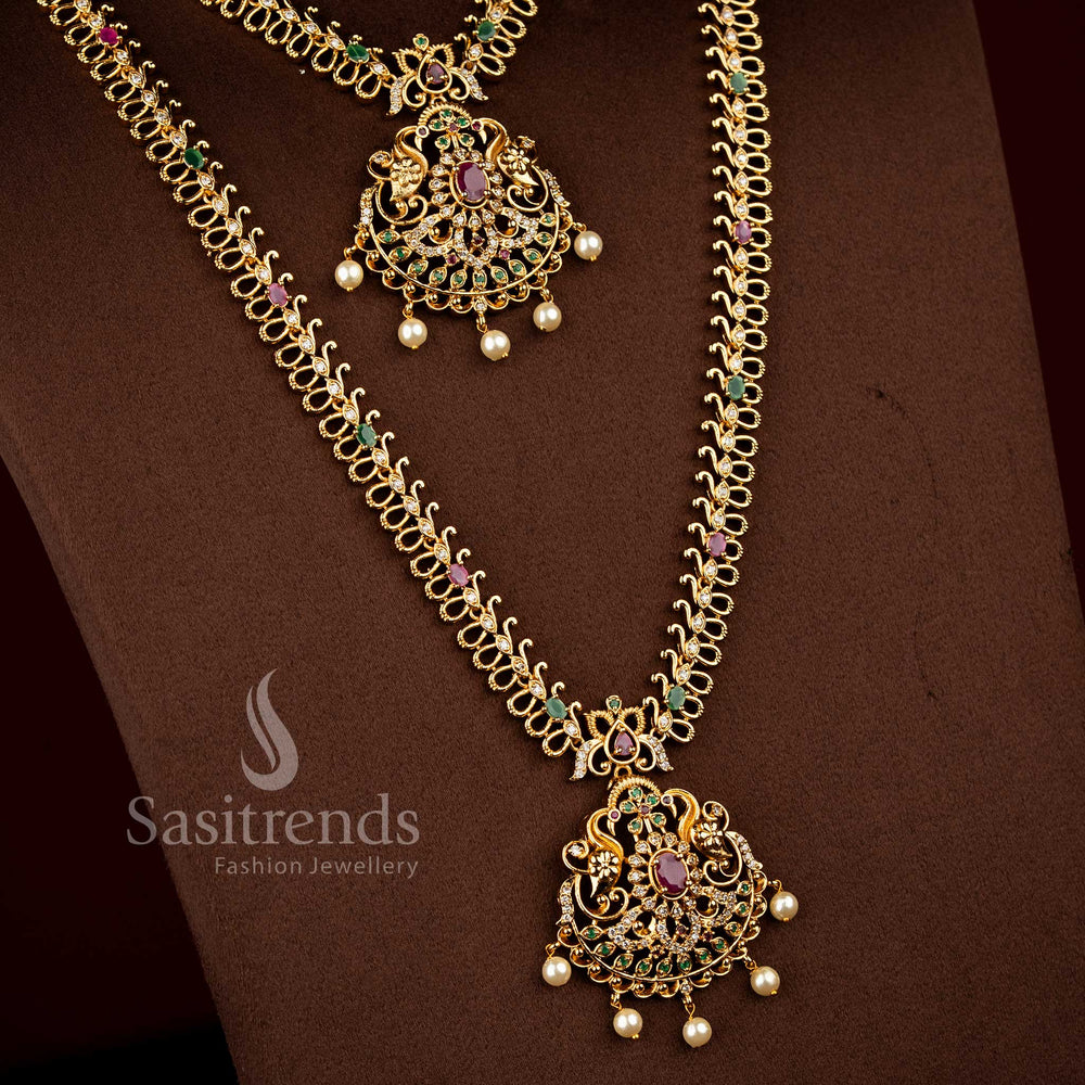 Sasitrends traditional temple matte gold plated multi AD stone jewellery set featuring layered short and long chains with detailed peacock floral medallion pendants 