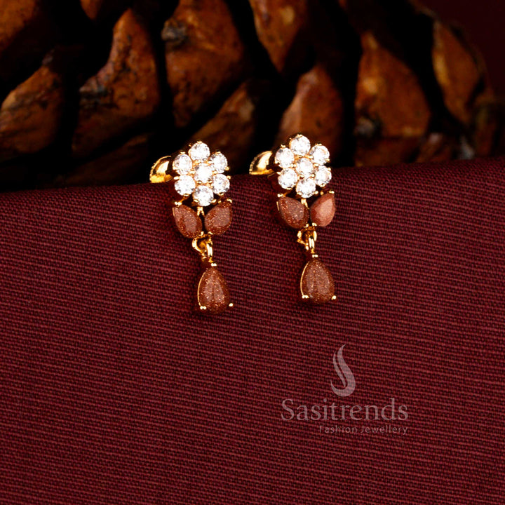 Sasitrends micro gold plated pearl floral cluster dangler earrings designed with a shimmering teardrop white brown AD stone stud and premium 1 gram jewellery finish that delivers a guaranteed real gold look for weddings.