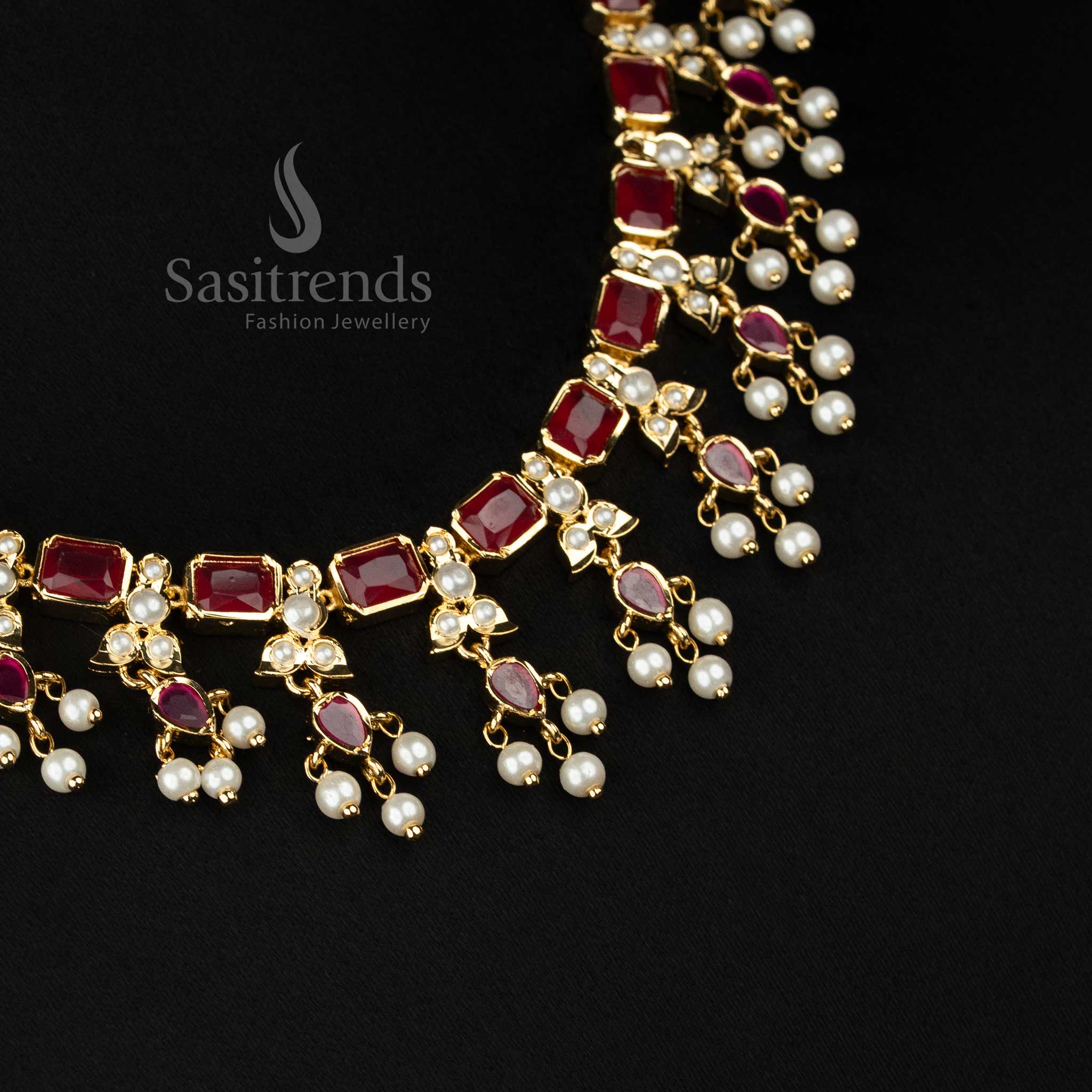 Sasitrends guaranteed 24k micro gold plated ruby american diamond necklace set designed with structured rectangular stones and floral connectors
