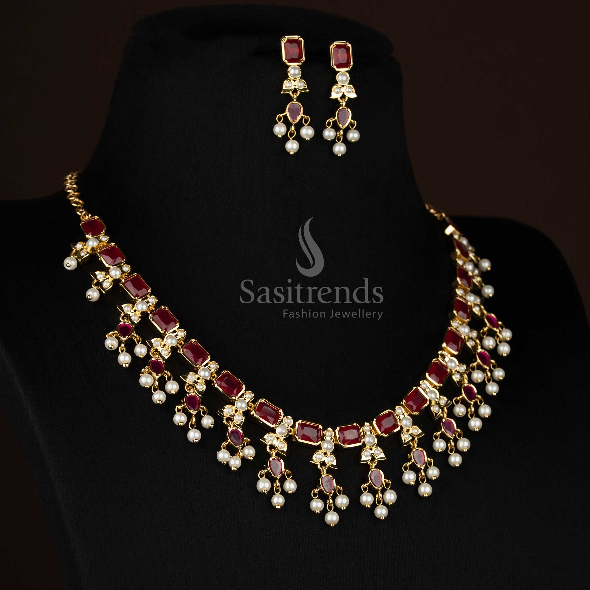 Sasitrends Ruby american diamond one gram micro gold plated necklace set featuring rectangle stone chain with elegant pearl drop detailing