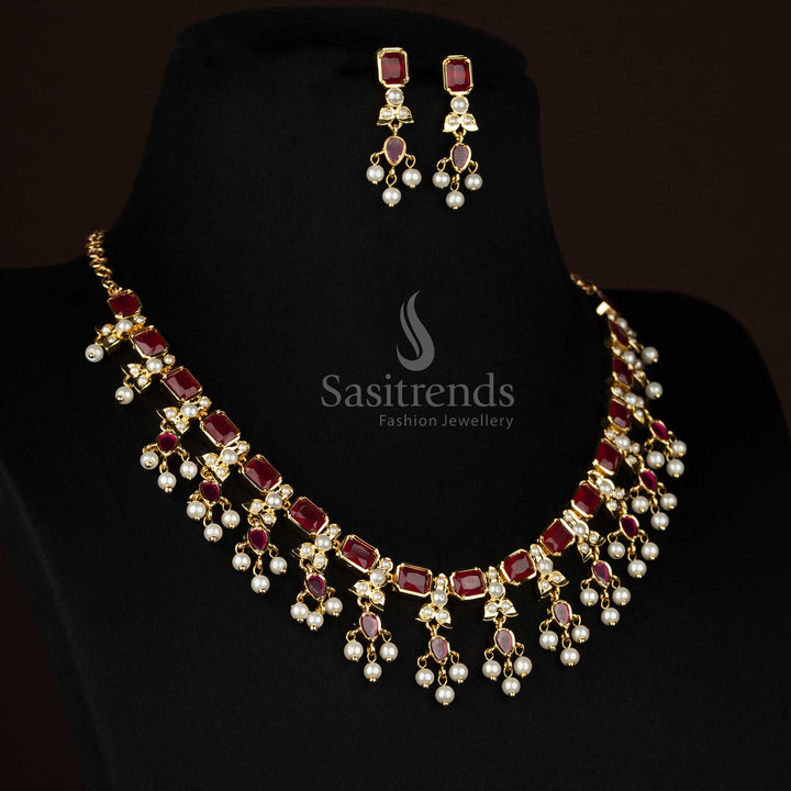 Sasitrends Ruby american diamond one gram micro gold plated necklace set featuring rectangle stone chain with elegant pearl drop detailing