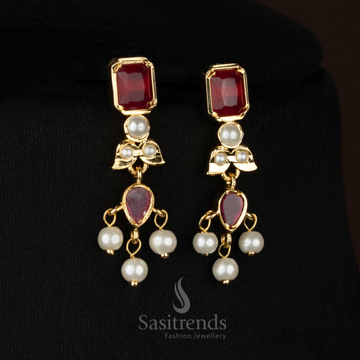 Sasitrends wedding and festive wear micro gold plated ruby american diamond jewellery set with rectangle stone layout and traditional pearl hangings