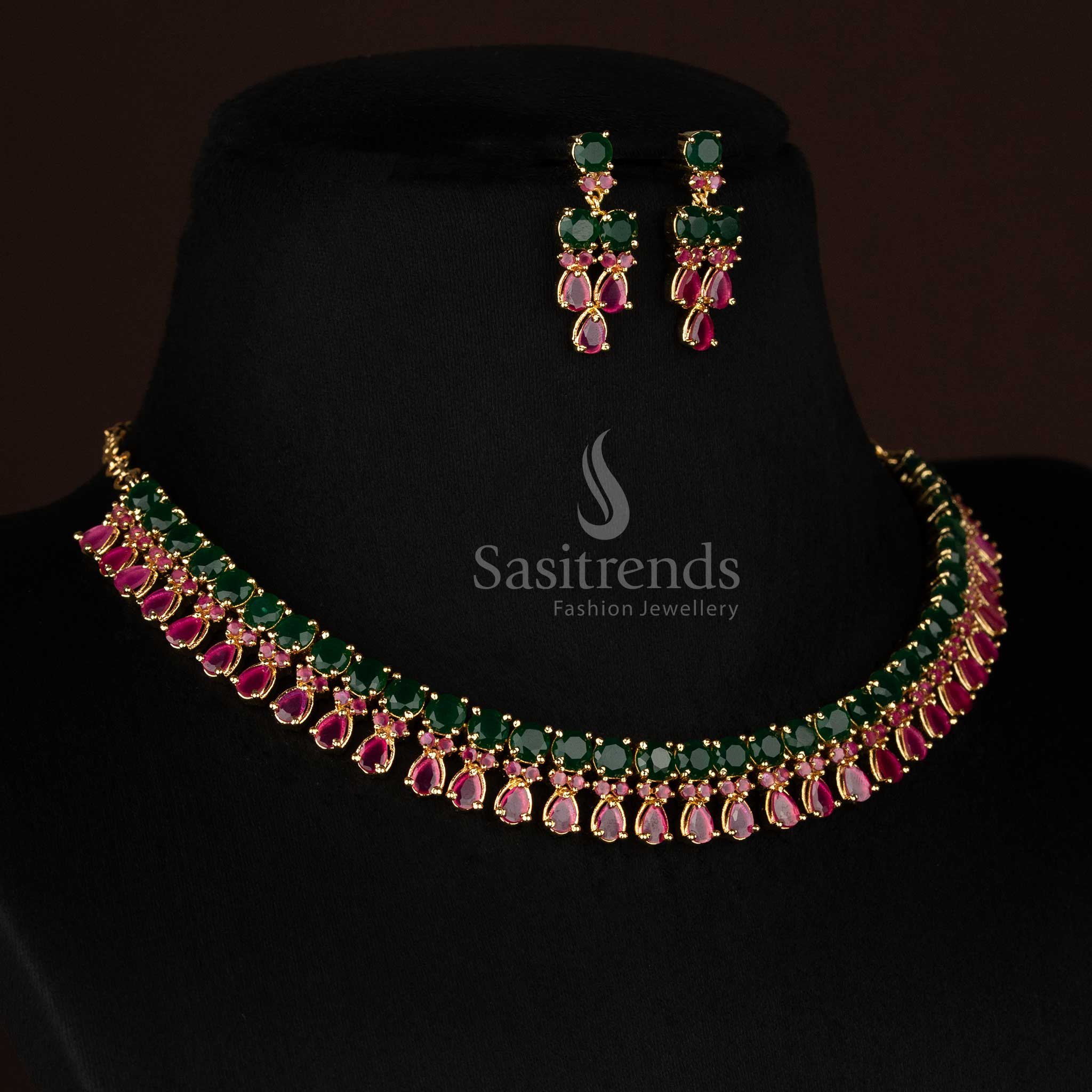 Sasitrends ruby green american diamond one gram micro gold plated necklace set featuring layered round stone chain and teardrop stone design