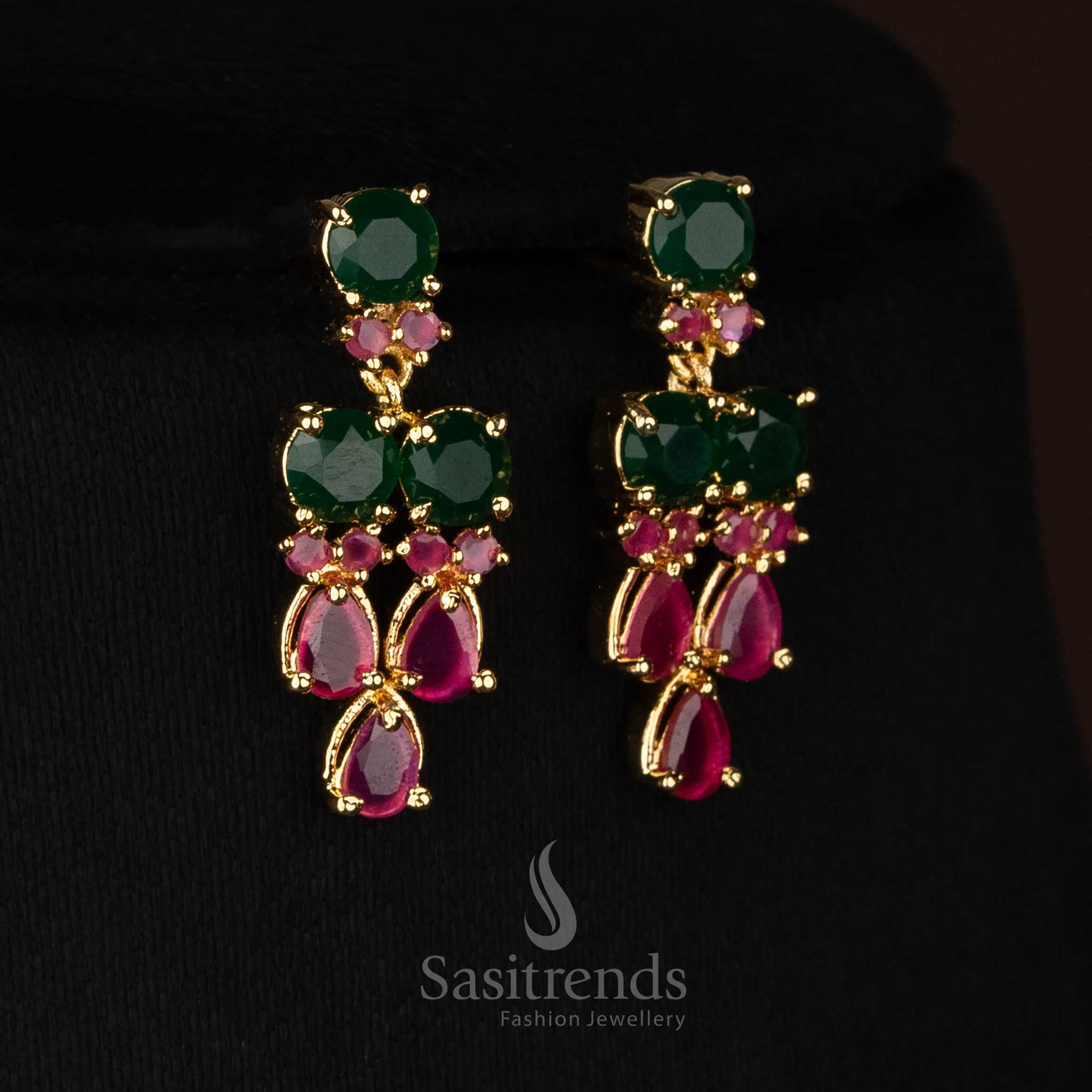 Sasitrends wedding and festive wear ruby green american diamond micro gold plated jewellery set with layered stone arrangement and real gold look finish