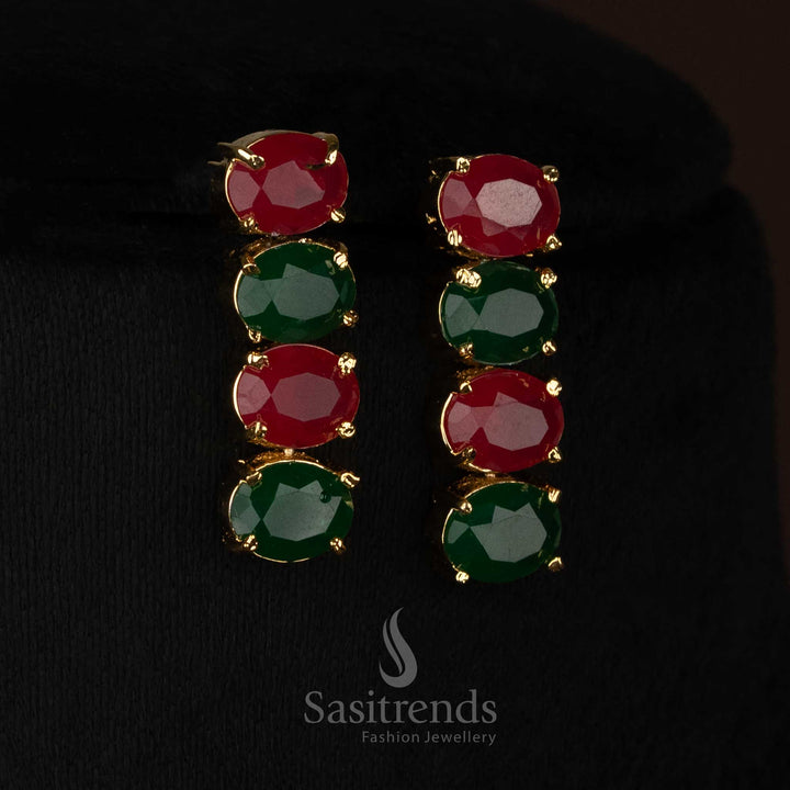 Sasitrends wedding and festive wear oval micro gold plated ruby green american diamond necklace set with matching drop earrings