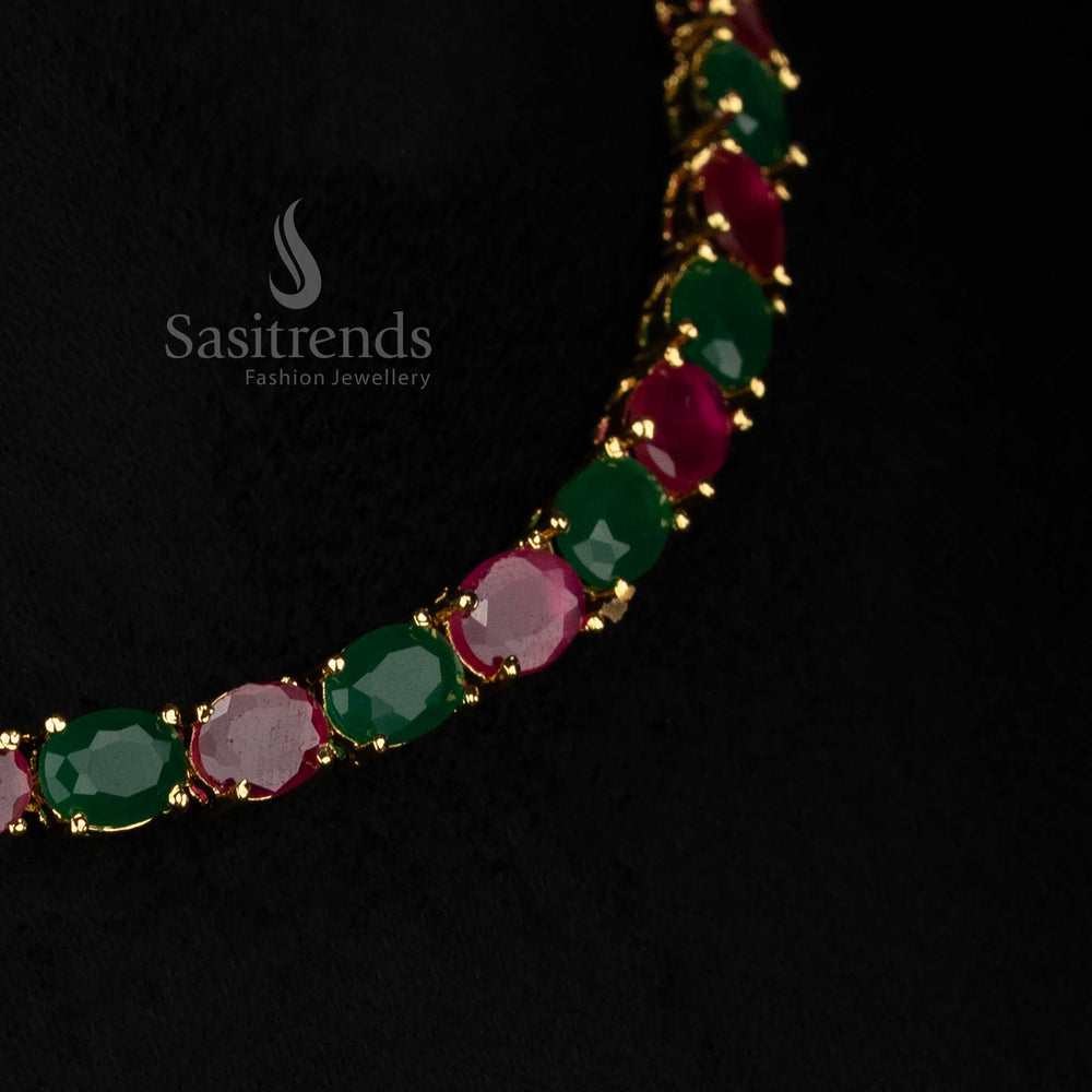 Sasitrends party wear ruby green american diamond micro gold plated necklace set featuring straight line oval stones and real gold appearance