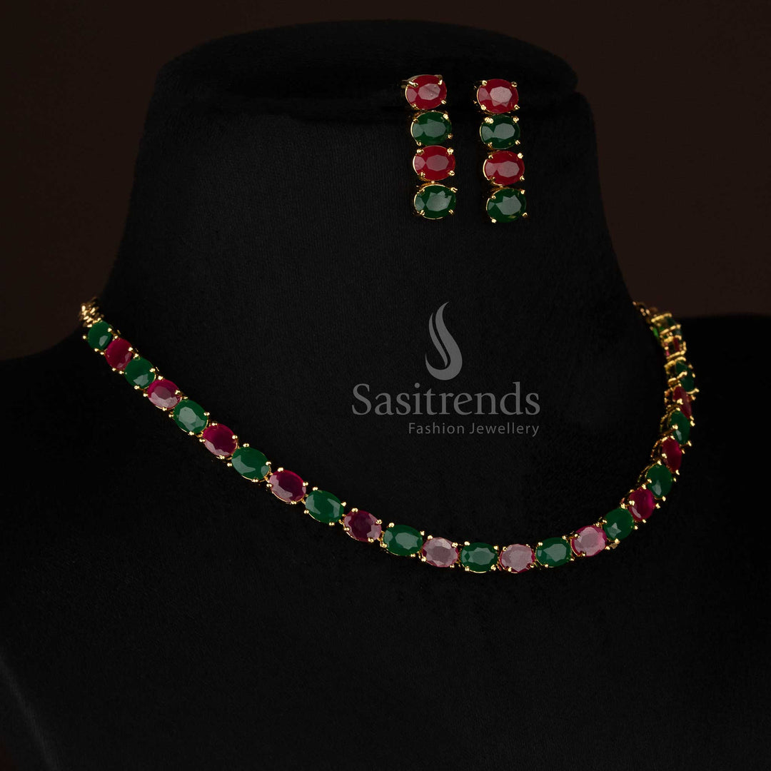 Sasitrends ruby green american diamond oval stone necklace set with micro gold plated finish and pearl drop detailing, look like real gold