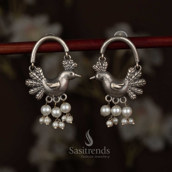 Beautifully Crafted 92.5 Silver Plated Antique Oxidised Bird Motif Hoop Drop Earrings with Pearl Detailing | Look Like Real Silver