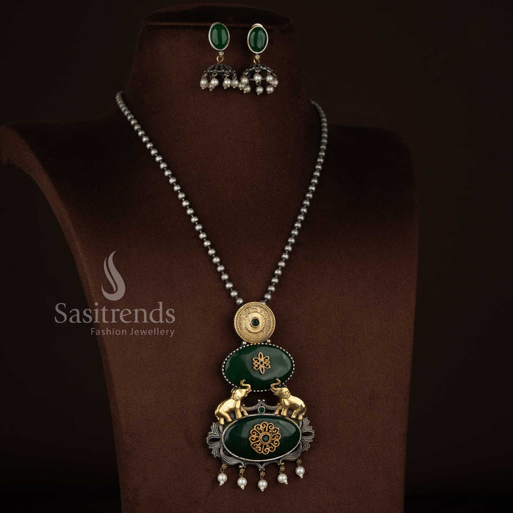 Sasitrends antique oxidised silver plated necklace jewellery set crafted with a vertical panel pendant design including embossed silver medallion, floral Monalisa detailing, elephant motifs, pearl drop finish and matching earrings – green option
