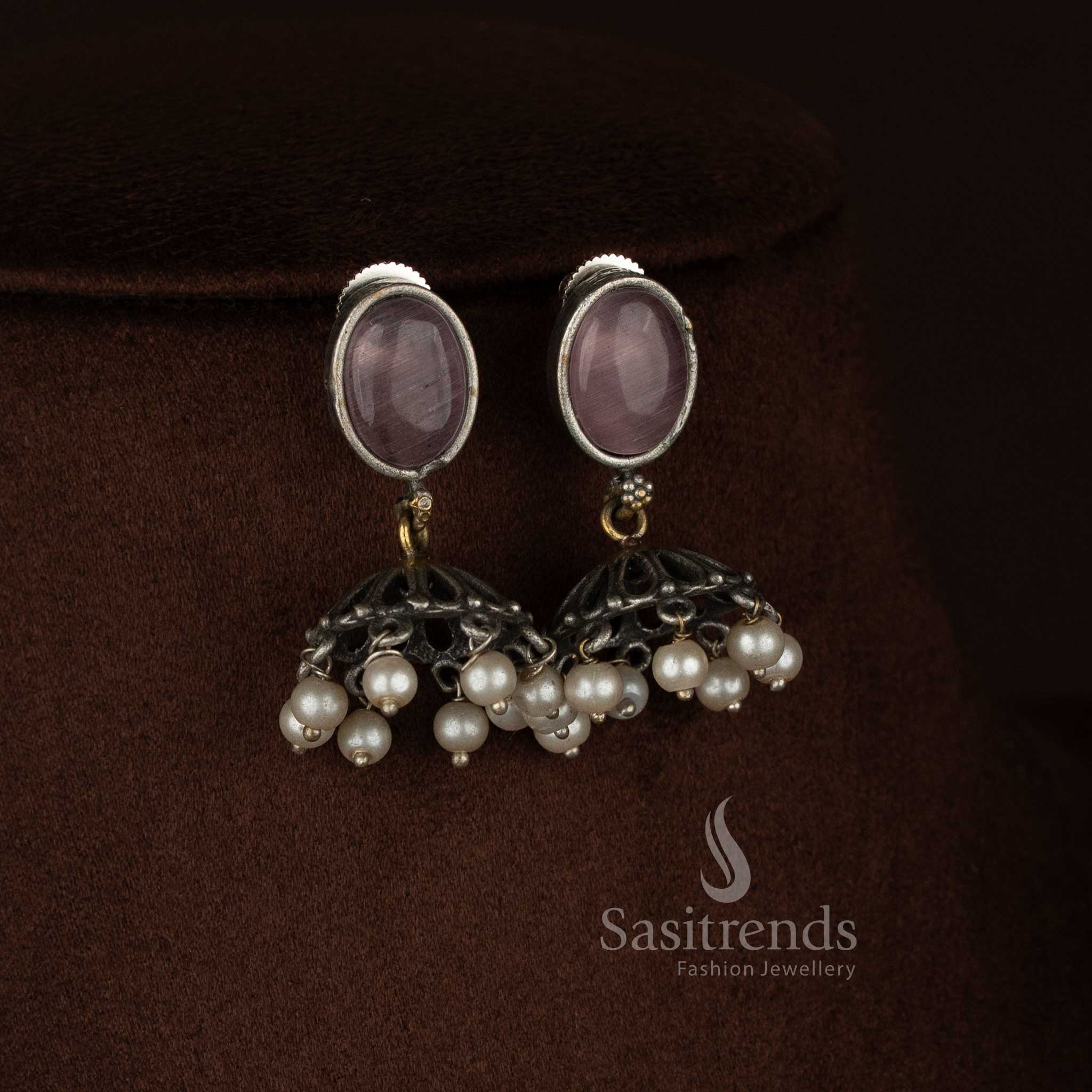 This antique oxidised necklace jewellery set is crafted with a 92.5 silver plated finish, highlighting a bold vertical pendant composition inspired by ethnic heritage jewellery styles. The necklace features a single-strand oxidised silver beaded chain - Sasitrends