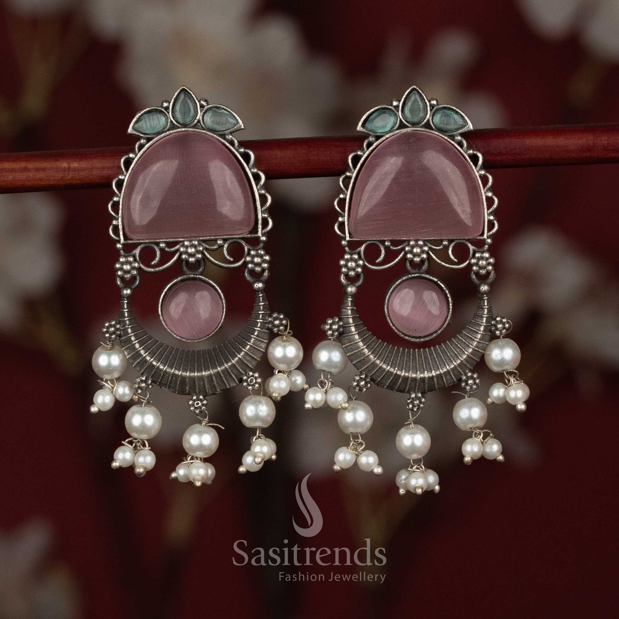 Antique pink mint Oxidised 92.5 Silver Plated Monalisa Stone Arch & Crescent Pearl Tassel Earrings - Sasitrends