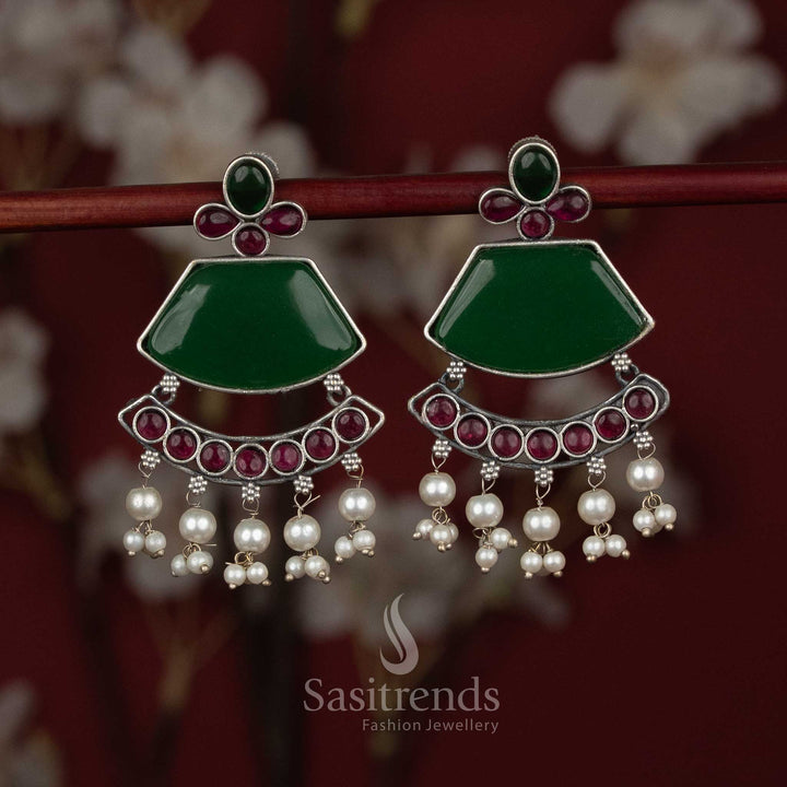 Sasitrends oxidised silver plated red green crescent earrings with pearl tassel detailing for festive wear