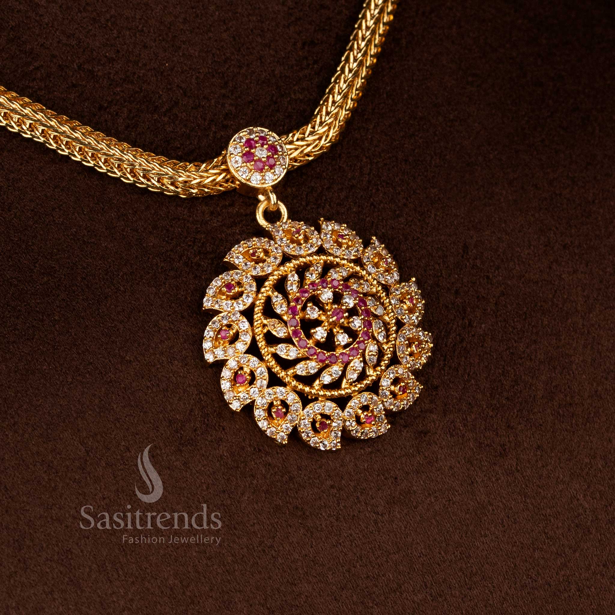 Sasitrends micro gold plated white ruby AD stone round medallion design necklace with real gold appearance