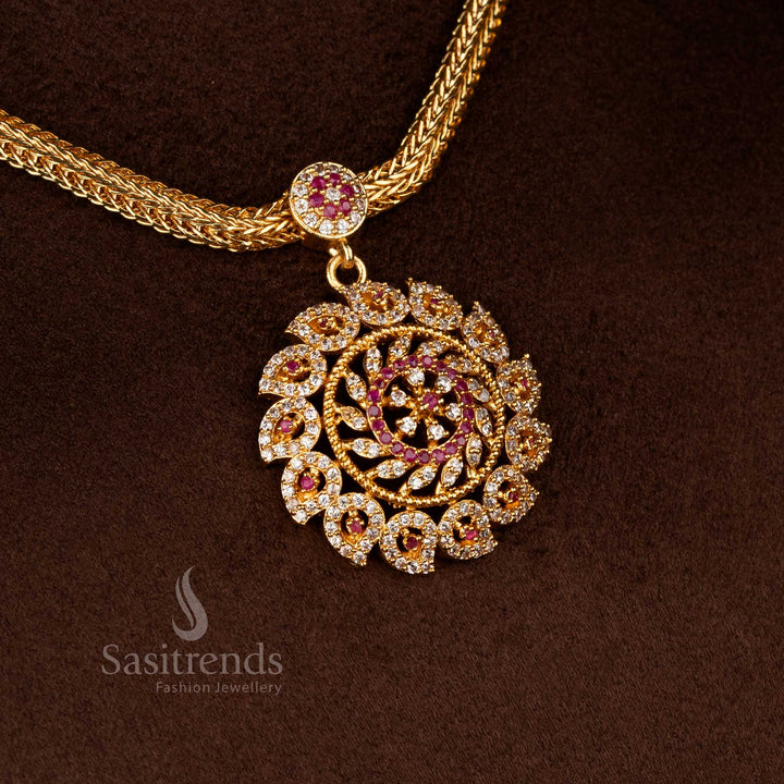 Sasitrends micro gold plated white ruby AD stone round medallion design necklace with real gold appearance