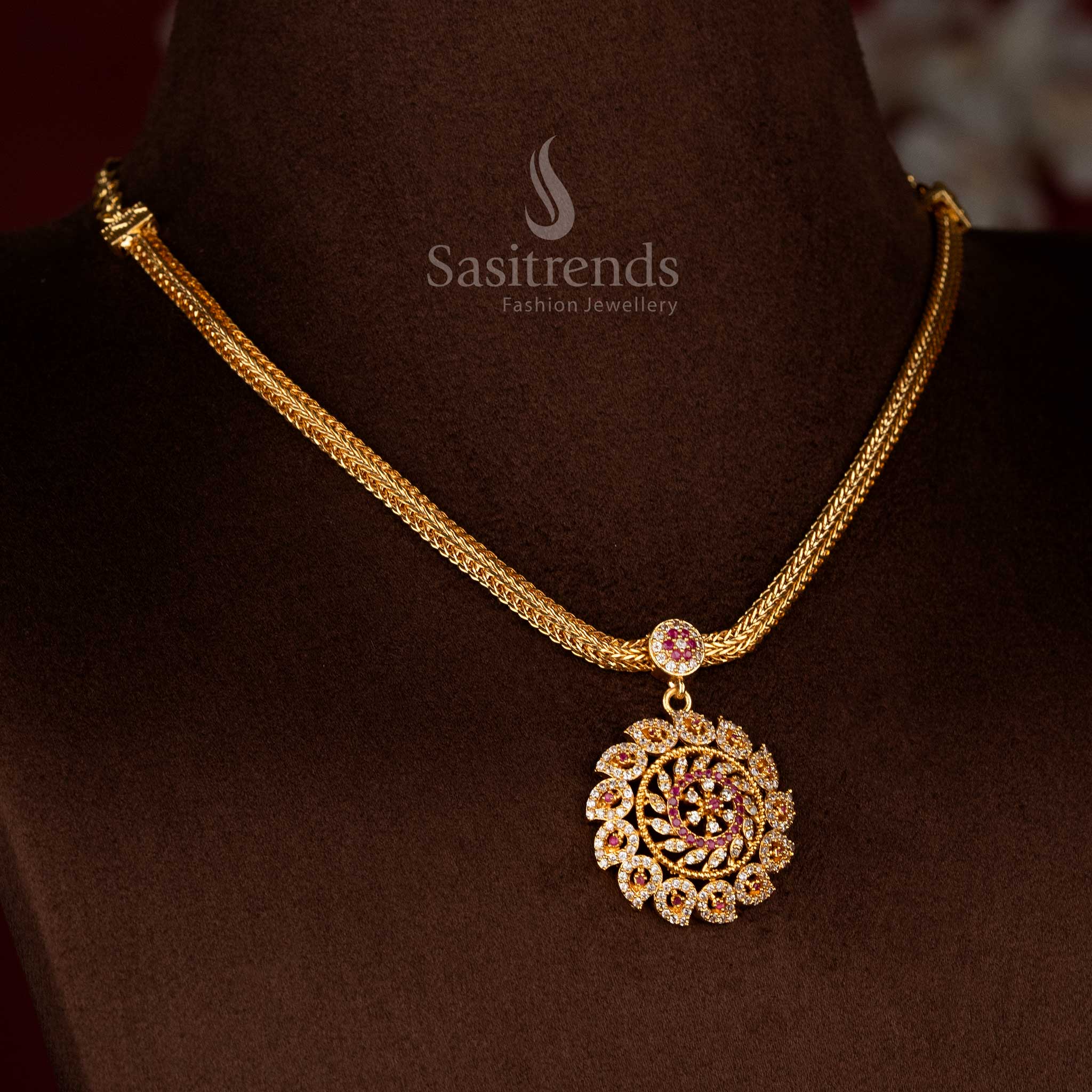 Sasitrends micro gold plated white ruby AD stone spiral design flexible chain necklace with traditional styling