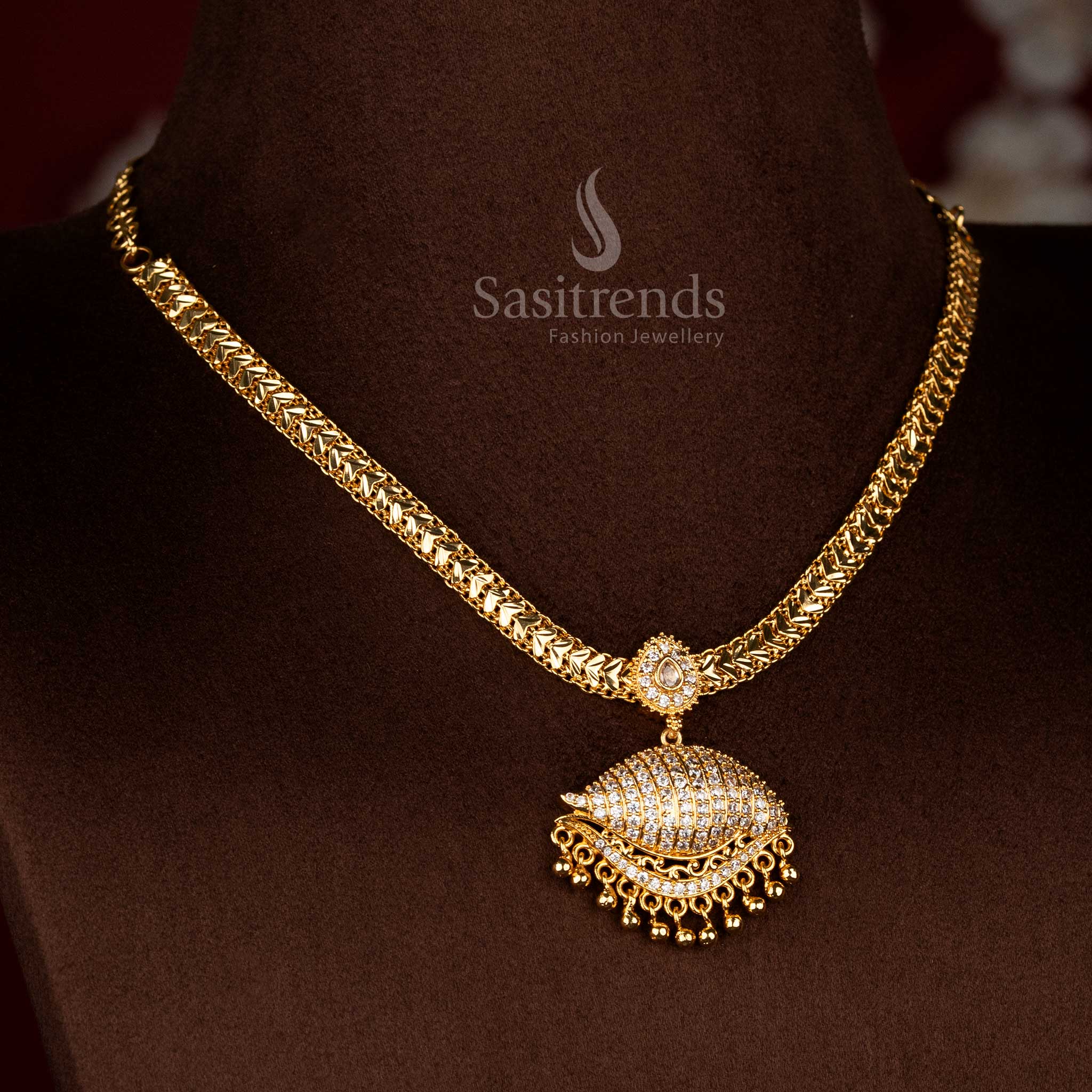 Sasitrends micro gold plated white AD stone jhumka dome pendant necklace with real gold look finish