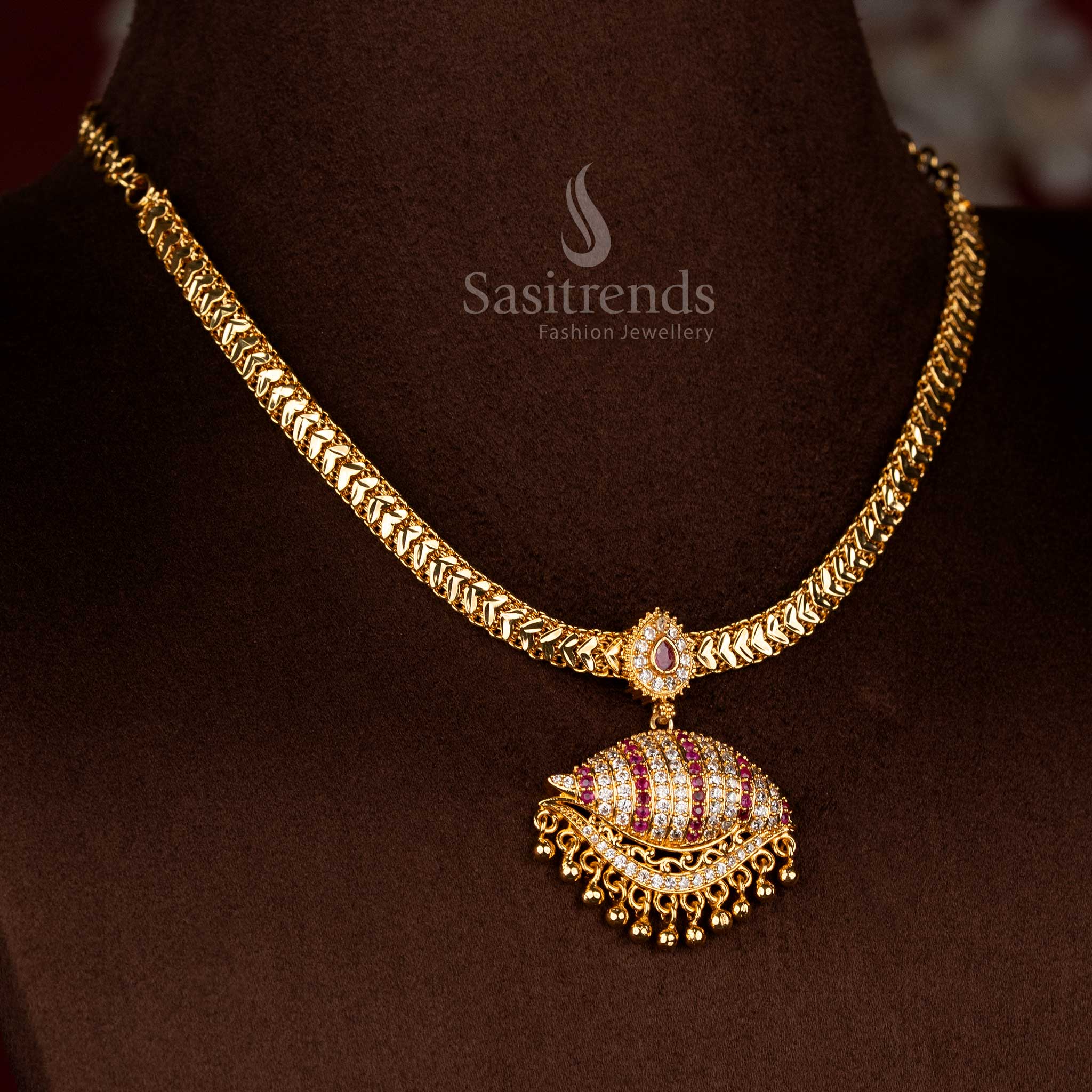 Sasitrends micro gold plated white ruby AD stone layered dome pendant necklace inspired by temple jewellery