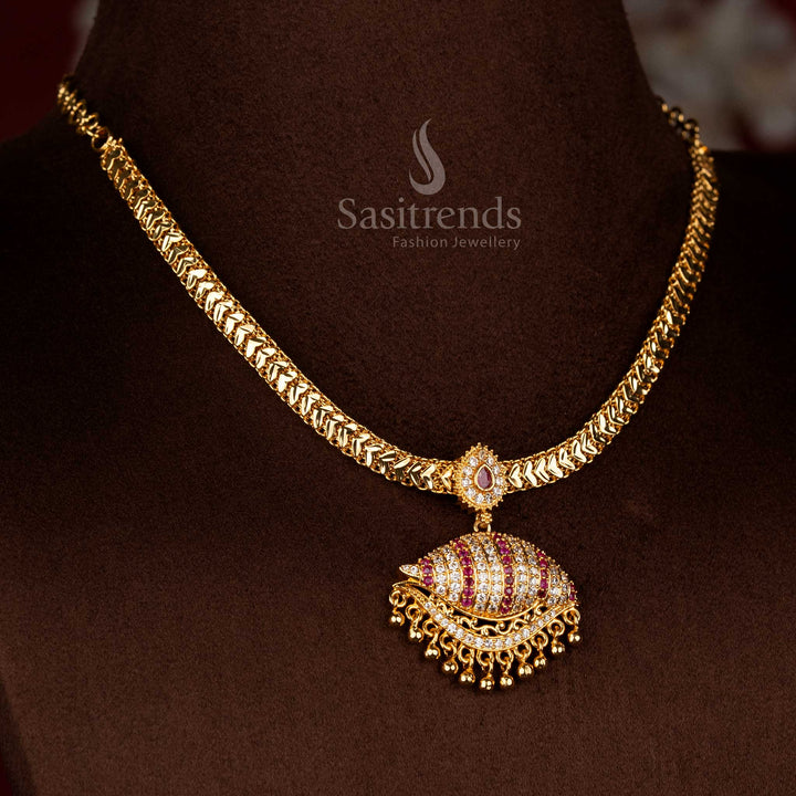 Sasitrends micro gold plated white ruby AD stone layered dome pendant necklace inspired by temple jewellery