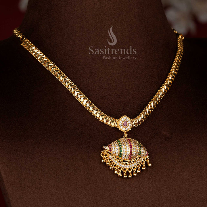 24K Micro Gold Plated AD Stone Sangu Pendant Necklace with Flexible Chain | Traditional Real Gold Look Jewellery